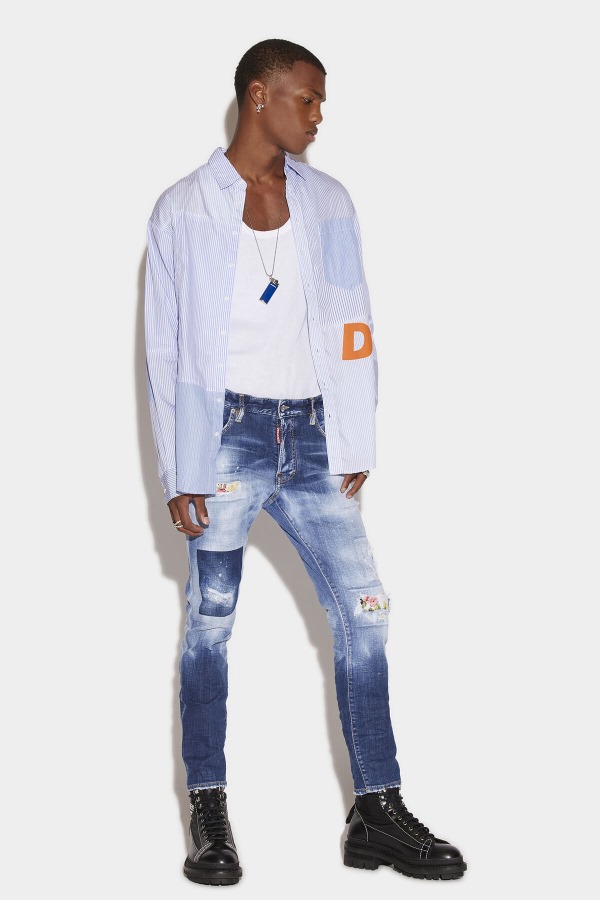 Medium Dark Knee&Leg Patch Wash Skater Jeans