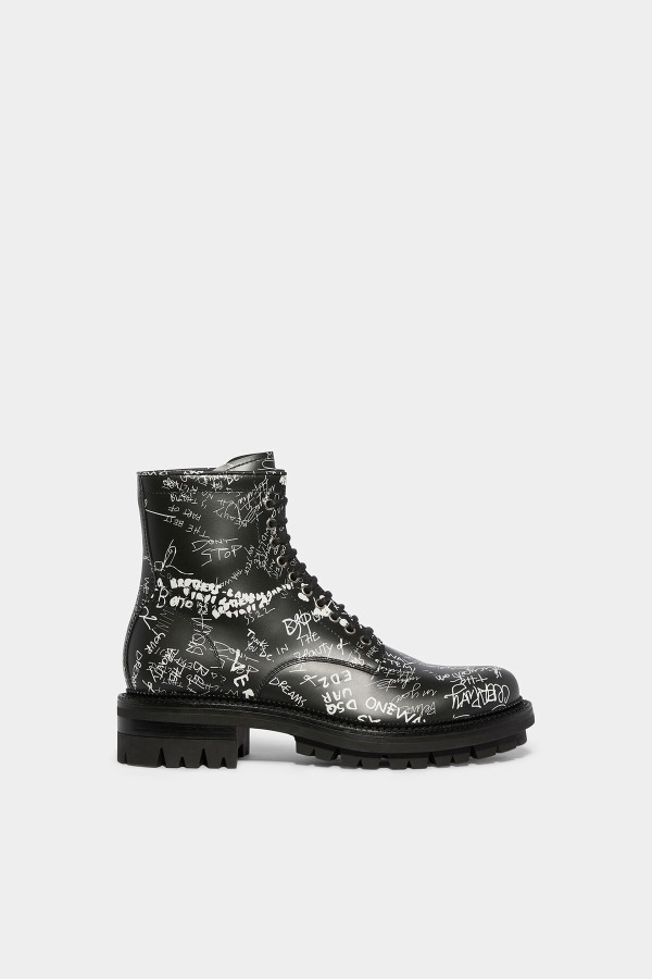 BLACK Scribbles Combat Ankle Boots
