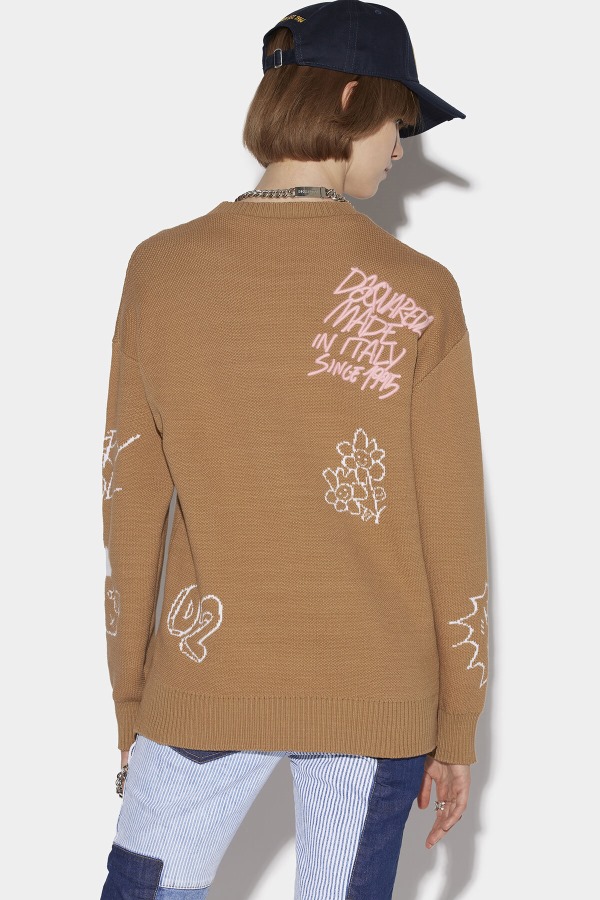Scribbles Round Neck Sweater D2 CAMEL