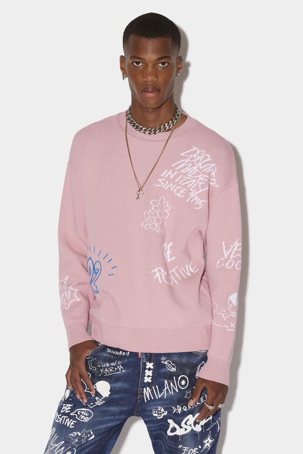 Scribbles Round Neck Sweater D2 PINK