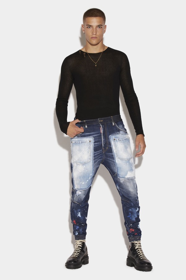 Dark Splatter&Light White Paint Wash Elastic Combat Jeans