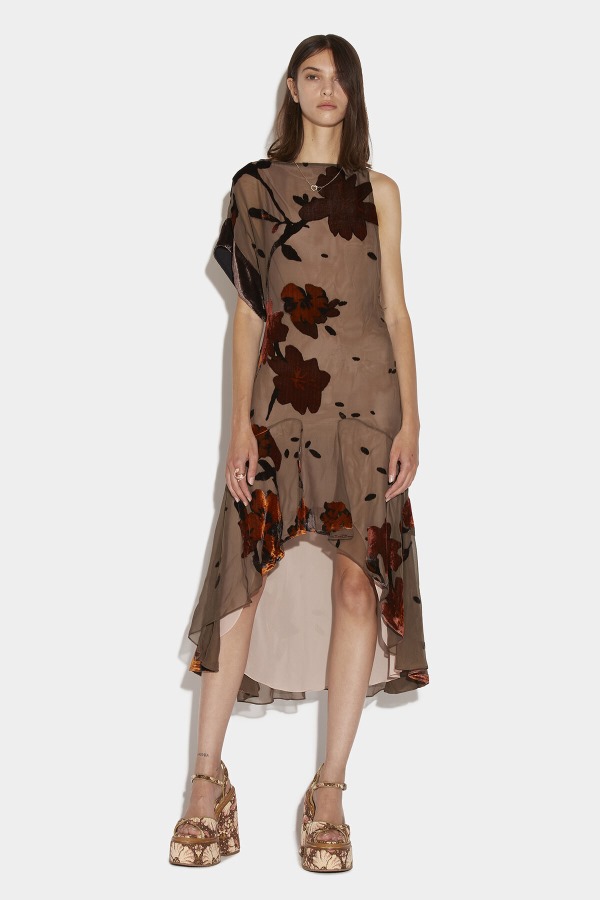 Devore Asymmetrical Flower Dress