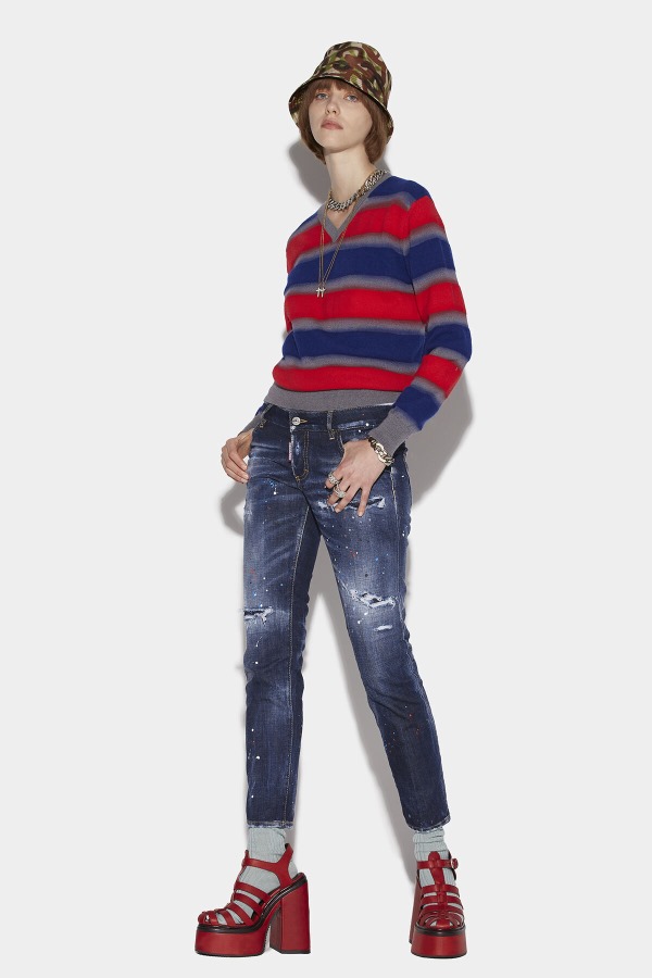 Dark Ripped Red&Blue Spots Wash Jennifer Jeans