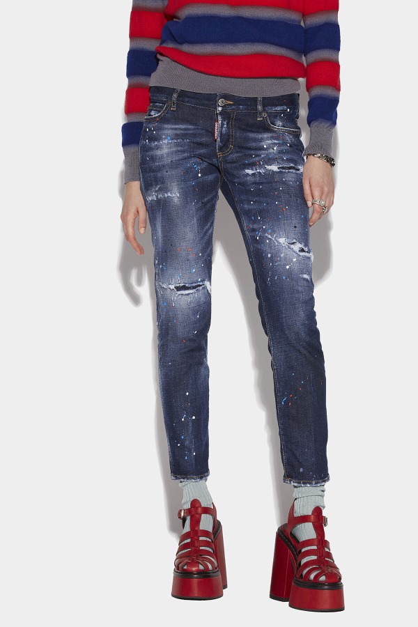 Dark Ripped Red&Blue Spots Wash Jennifer Jeans