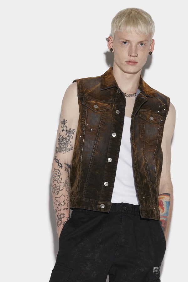 Velvet Denim Vest SALMON/MILITARY GREEN