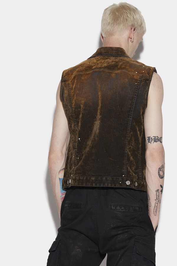 Velvet Denim Vest SALMON/MILITARY GREEN