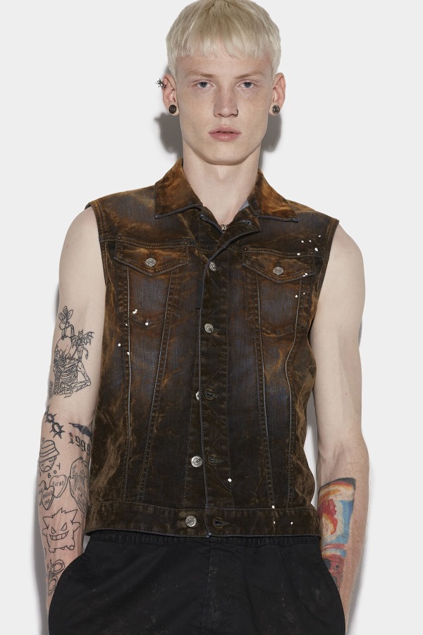 Velvet Denim Vest SALMON/MILITARY GREEN