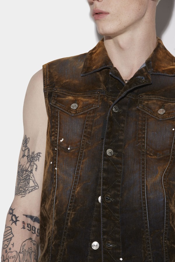 Velvet Denim Vest SALMON/MILITARY GREEN